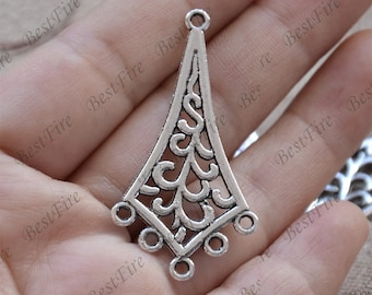 10 Silver Tone Earring Connector Charms, Metal Dangle Pendant (24x46mm)
