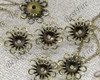 Bronze Tone Brass Flower Bead Caps, Jewelry Connectors (20pcs)