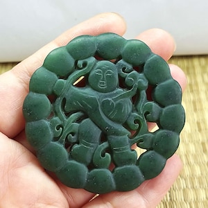 Geschnitzte Nephrit-doppelte Blume mit Jungen Jade-Anhänger, grüne Jade-hängende Amulett-Talisman, Jade-Halsketten-Anhänger