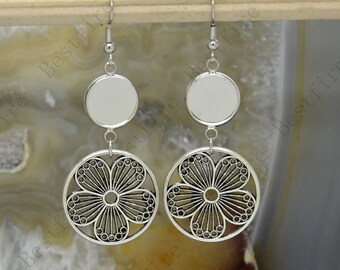 New style flower Platinum tone Earwires Hook With Round Cabochon Pad, earring bezel,Earrings hook, earring finding