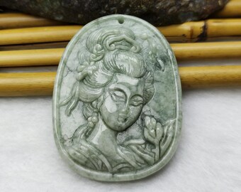 Carved Guanyin Bodhisattva A Natural jadeite Pendant ,Gemstone bead stone pendant