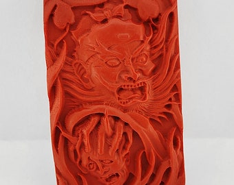 Vintage Red Cinnabar Carved Zhong Kui with devil pendant,Carving Zhong Kui Stone pendant,Cinnabar Pendant