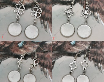 Platinum tone flower earring, flower Ear wires Hook With Round Cabochon Pad,earring bezel,Earrings hook, earring finding