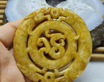 Yellow Double Face Carved dragon and phoenix jade pendant