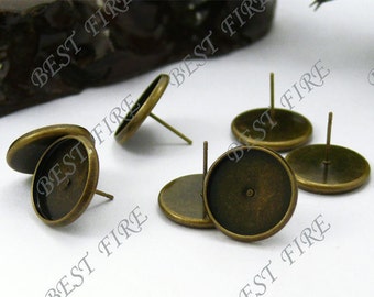 50pcs Bronze Tone Brass Earring Posts With Round 12mm Pad