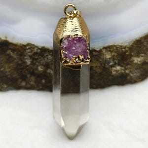 Hexagon Clear quartz Terminated Point Pendant ,Hexagon Crystal Quartz Point Pendant Gold Electroplated Cap and Druzy Accent