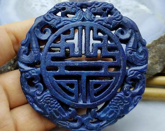 Blue Double Face Carving Dragon phoenix Jade Pendant Amulet Talisman