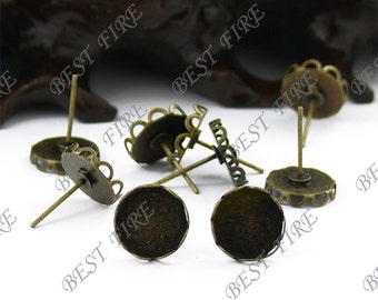 Bronze tone Brass Earring Posts With Round Cabochon pad 10mm