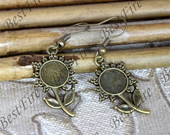 3 pair Bronze tone Earwires Hook With round Cabochon Pad,Flower Earrings hook,earrings finding base,earring base findings
