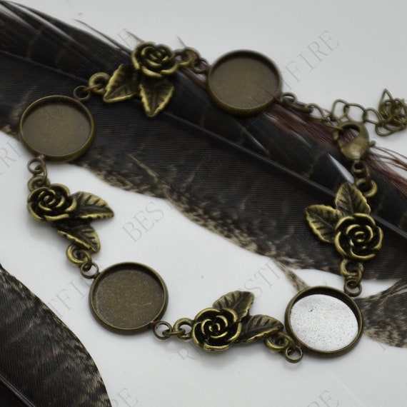 2 Strands Bronze Tone Adjustable Bracelet Tray,round Blank Findings,rose  Flower Bangle Bezel,bracelet Base Setting,bracelet Blank 