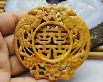 Yellow Double Face Carved Phoenix with flower Jade Pendant Amulet Talisman