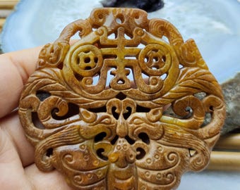 Yellow Brown Double Face Carved Bat and phoenix  jade pendant