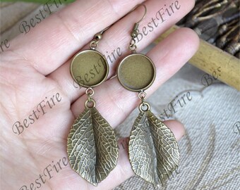 6pcs Unique New style bronze tone Earwires Hook With Round Cabochon Pad,leaf Beautiful Detail, Earrings hook,earrings finding base