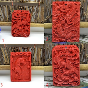 Red Cinnabar Carved Dragon and Phoenix  pendant,Dragon and Phoenix  Stone pendant,Cinnabar Dragon and Phoenix Pendant