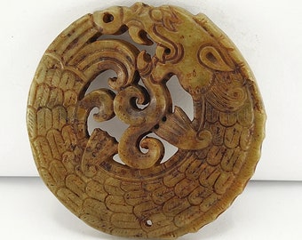 Carved Dragon Phoenix Jade Pendant Amulet, 66mm