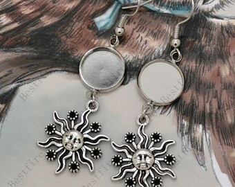 Silver Tone Sun Earring Hooks with Cabochon Pad