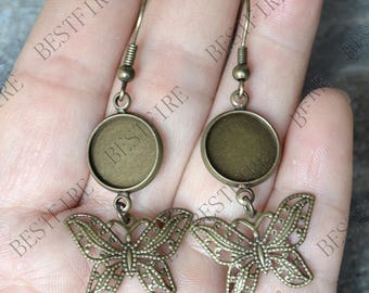 2 pairs new style Bronze Tone Earwires Hook With Round Cabochon bezel,Butterfly Round Disc Cabochon,Setting,blank Tray Earring finding