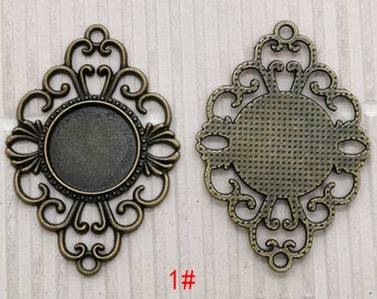 10 pcs Bronze Tone Flower Cabochon Pendant Tray, Lacework Bezel Charm
