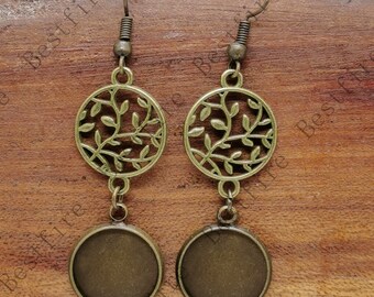 New style bronze tone leaf Earwires Hook With Round Cabochon Pad, earring bezel,Earrings hook, earring finding