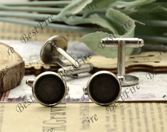 12pcs Brass Cufflink Blanks, Silver Tone, 12mm Cabochon