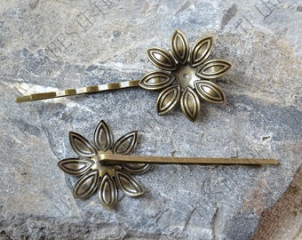 6pcs of Bronze Tone bobby pins flower filigree pad,hairpin findings,flower Hair findings ,Hair Grips findings