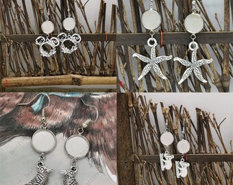 Silver Tone bear earring, birds Ear wires Hook With Round Cabochon Pad,earring bezel,Starfish Earrings hook, earring finding