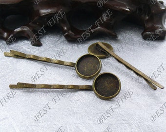 10pcs of antique brass bobby pins round Cabochon Base(Cabochon Size:12mm),hairpin findings