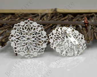 Silver tone Filigree Brooch Base,Round Filigree Floral Base Setting