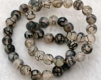 Black Dragon Vein Agate Beads, Round Stone Full Strand
