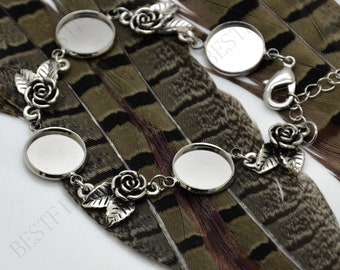 2 Strands Silver Tone Adjustable bracelet tray,Platinum tone round blank findings,Rose Flower bangle bezel,bracelet Base ,bracelet blank
