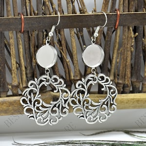 2 pairs New style Flower Silver Tone Earwires Hook With Round Cabochon Pad,earring bezel,Earrings hook,earrings finding base