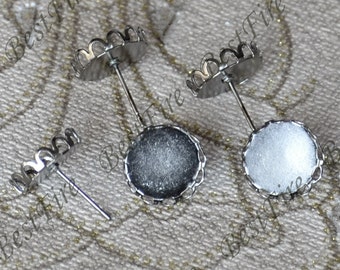 12pcs Brass Earring Posts, Silver Tone, 12mm Round Pad