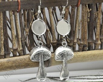 2 pairs New style Mushroom Platinum tone Earwires Hook With Round Cabochon Pad,earring bezel,Earrings hook,earrings finding base