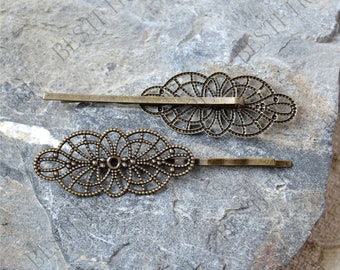 Bronze tone bobby pins flower filigree pad,hairpin findings,flower Hair findings ,Hair Grips findings