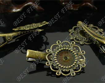 New style Bronze tone bobby pins flower filigree Round Cabochon Base (Cabochon Size:12mm)