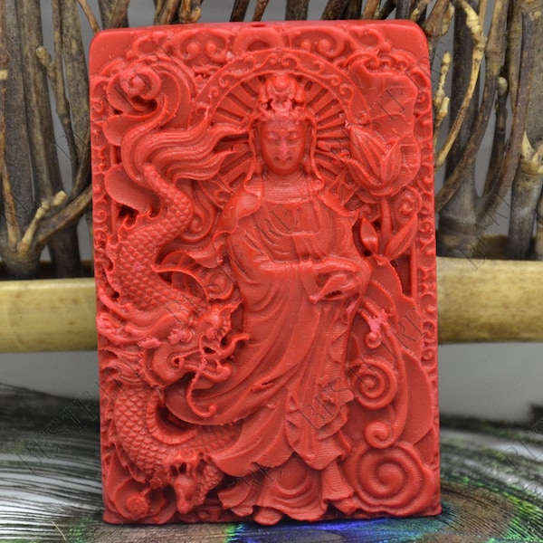 Red Cinnabar Carved Guanyin with dragon pendant,Buddha Stone pendant,Cinnabar Avalokitesvara Pendant