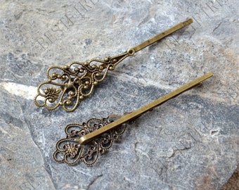 Bronze tone bobby pins flower filigree pad,hairpin findings,flower Hair findings ,Hair Grips findings