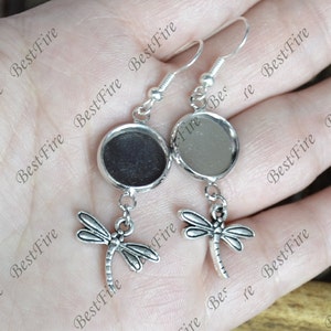 6pcs Unique new style Platinum tone Earwires Hook With Round Cabochon Pad,dragonfly Beautiful Detail, Earrings hook,earring finding base