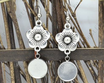 New style flower Platinum tone Earwires Hook With Round Cabochon Pad, earring bezel,Earrings hook, earring finding