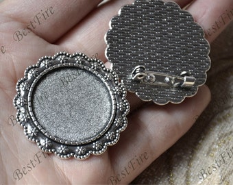 Silver tone filigree Luster round (base 25mm ) Flower Brooches ,flower Brooch Brooch Back Base, Bezel Setting Match