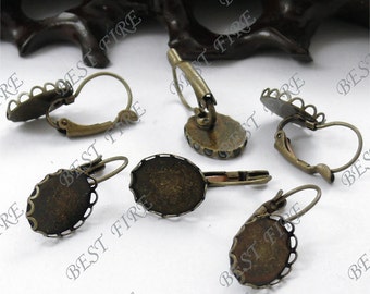 20 PCS Bronze tone Brass French Ear wires Hook With Oval  10x14mm Pad,Oval Ear wires earring bezel,Earrings hook, earring finding