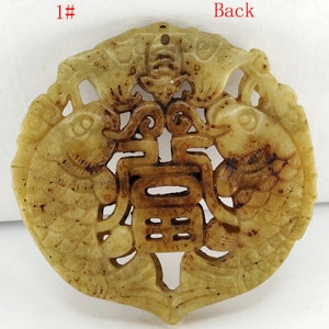 Hollow Carving bat fu word &quot;富&quot; good lucky Jade stone pendant,double face carved Two fish Amulet Mythical Animals for making