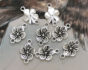 11x17mm Silver Tone Flower charms Hallazgos del conector, hallazgos de metal de los amuletos de las flores, dos agujeros Charms, Hallazgos de los conectores