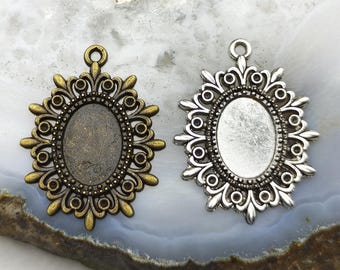 20 pcs Bronze & Silver Tone Oval Cabochon Pendant Trays (10x14 mm)