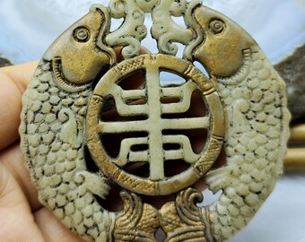 Double face Carved Two fish long life good lucky Jade stone Pendant,Good lucky Amulet for making