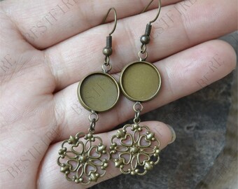 2 pairs new style Bronze Tone Earwires Hook With Round Cabochon bezel,flower Beautiful Detail,Bezel Tray Earring finding