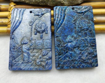 Rectangle Carved child with birds blue stone pendant