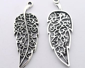 Silver Tone Leaf Pendant Charms, Jewelry Finding (15x41mm)