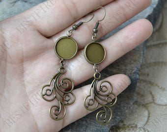 2 pairs Unique new style bronze tone Earwires Hook With Round Cabochon bezel, Beautiful Detail,Bezel Tray Earring finding