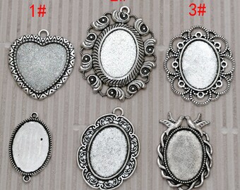 Silver Tone Cabochon Pendant Trays, Alloy Bezel Charm Findings